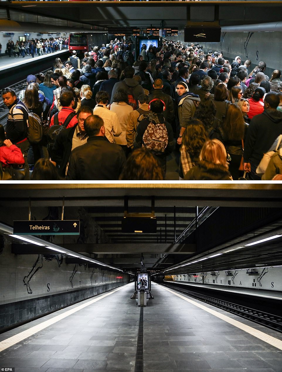 ایستگاه متروی لیسبن-پرتقال قبل و بعد از اعلام قرنطینه شهر در ماه مارس 2020.jpg